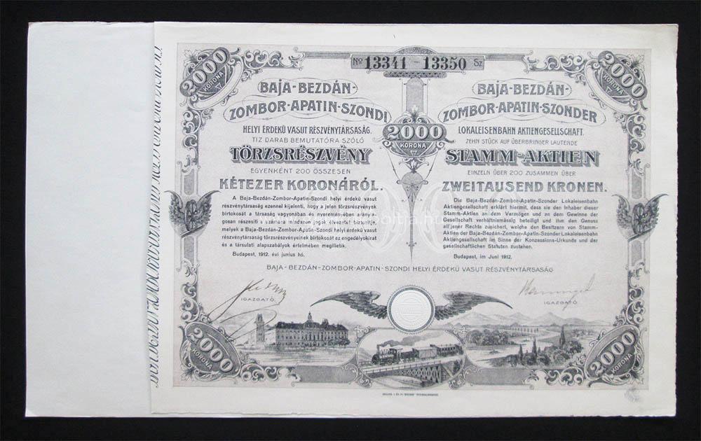 Baja-Bezdán-Zombor-Apatin-Szondi Vasút 2000 korona 1912 (SRB)
